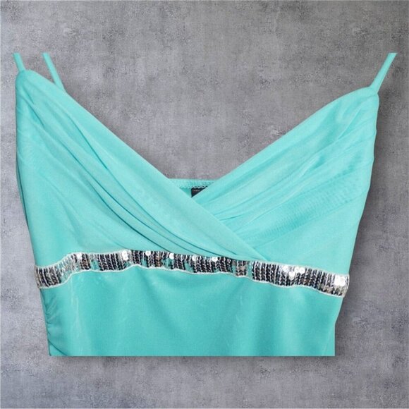 My Michelle Aqua Blue Slip Dress - Size M - Sequin Trim, Ruched Mesh, Ruffle Hem - Picture 5 of 16